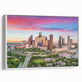 Vintage poster art of Houston skyline in vibrant colors on a large framed canvas, ideal for living room decor.
