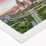 Art deco poster of Houston skyline in muted earth tones on rolled canvas, suitable for dining room wall art.