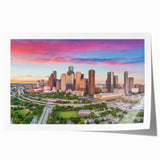 Extra large rolled print of Houston skyline in muted colors, ideal for art wall dining room.