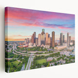 Side view of a large stretched canvas depicting the Houston skyline in muted earth tones, suitable for kitchen wall art.