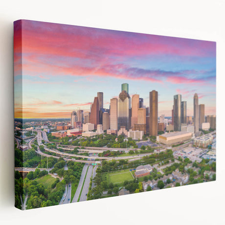 Side view of a large stretched canvas depicting the Houston skyline in muted earth tones, suitable for kitchen wall art.