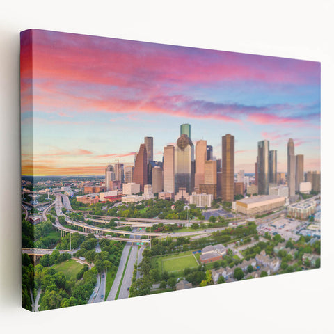 Side view of a large stretched canvas depicting the Houston skyline in muted earth tones, suitable for kitchen wall art.