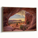 Framed canvas featuring a vintage-style landscape painting of Arches National Park in Utah, ideal for bedroom wall art.