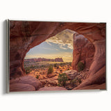 Framed canvas landscape art painting featuring Arches National Park in Utah, with vibrant red and orange tones.