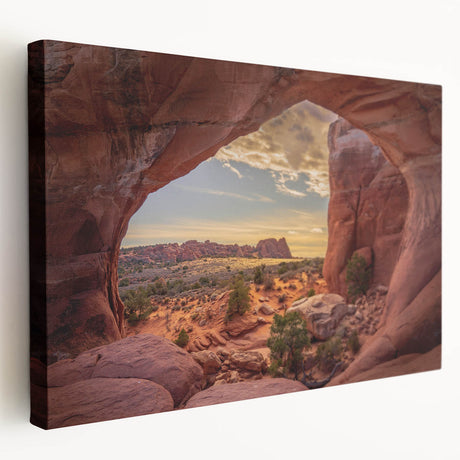 Arches National Park landscape on large stretched canvas, featuring natural red and orange rock formations.