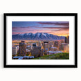Abstract art print of Salt Lake City in colorful textured style on a large black-framed canvas.