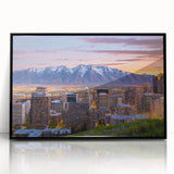 Large abstract wall art depicting Salt Lake City with vibrant hues on a black framed acrylic.