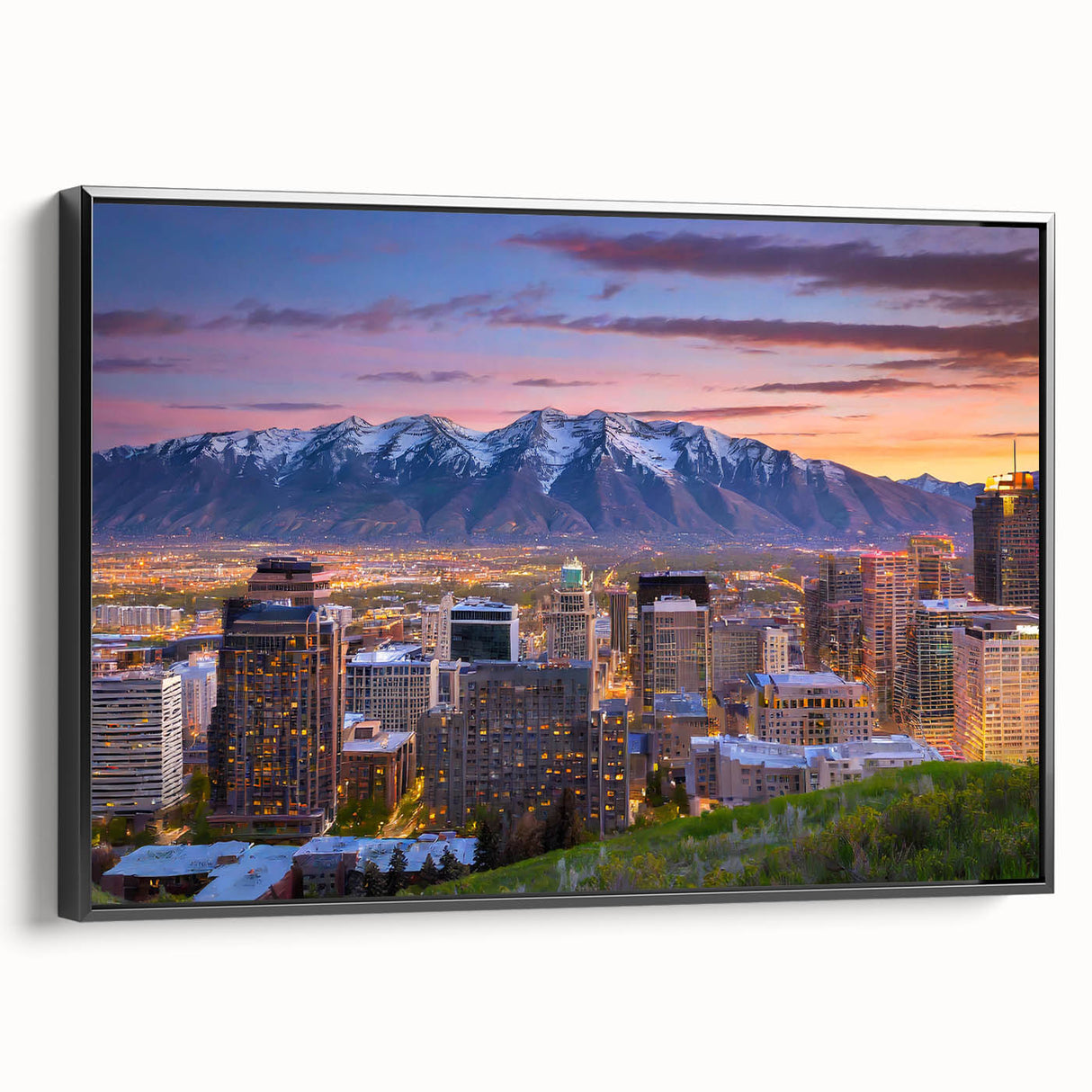 Black and white landscape art painting of Salt Lake City on framed canvas, suitable for bedroom decor.