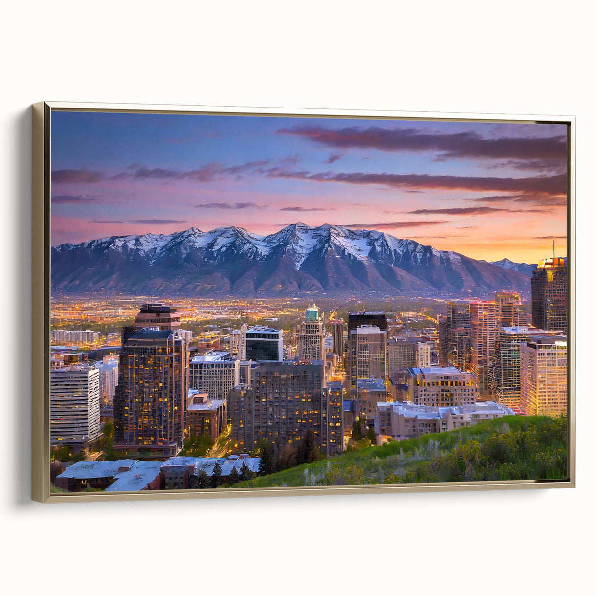 Framed canvas of Salt Lake City landscape in muted gold and black tones, suitable as wall art for bedroom.