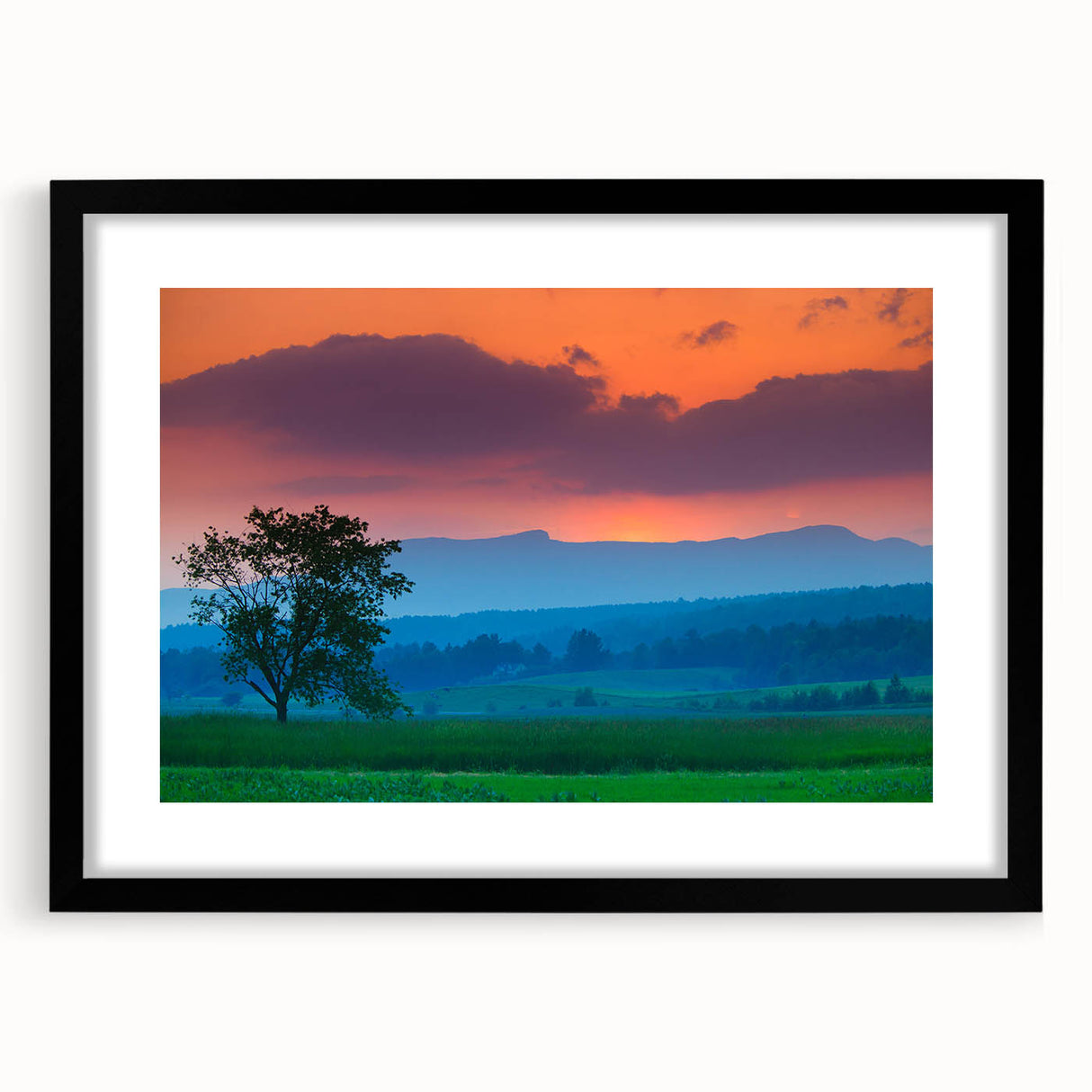 Extra large abstract art print of vibrant, colorful Vermont scenery on a textured canvas, framed in black.