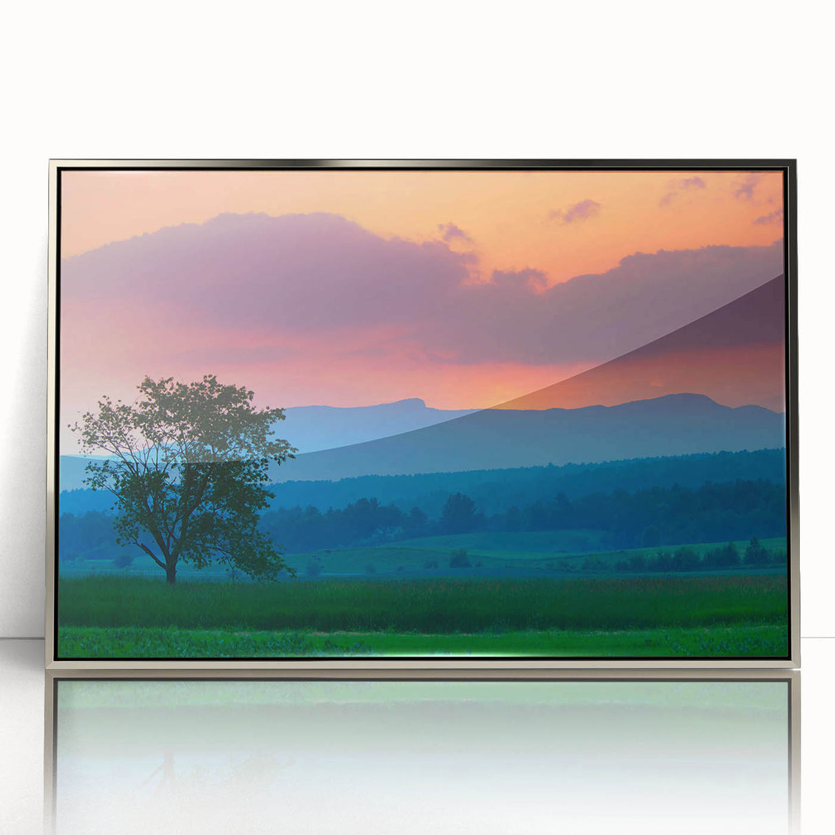 Mid-century modernist style Vermont scenery on large acrylic print in silver frame, suitable for nursery wall art.