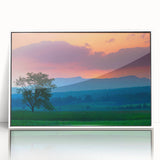 Mid-century modernist art of Vermont scenery in muted earth tones on a framed acrylic, ideal for nursery wall decor.