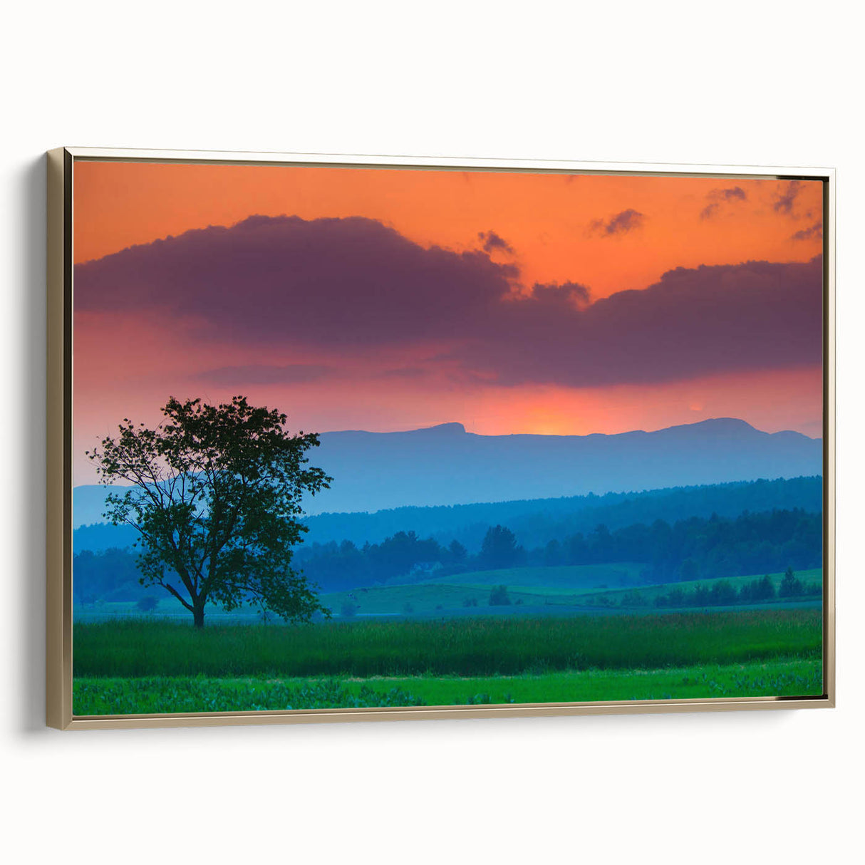 Framed canvas featuring a vintage-style Vermont landscape in muted gold and black tones, ideal for bedroom wall decor.