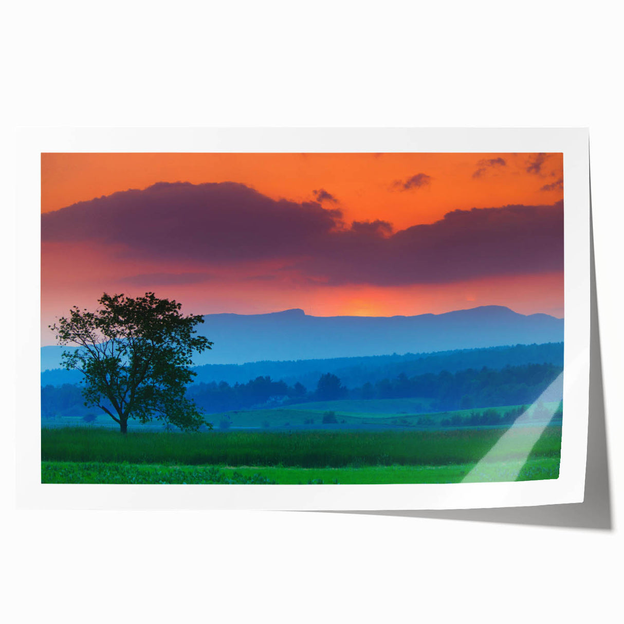 Scenic Vermont landscape on rolled canvas, featuring lush greenery and mountains, ideal for art wall dining room.