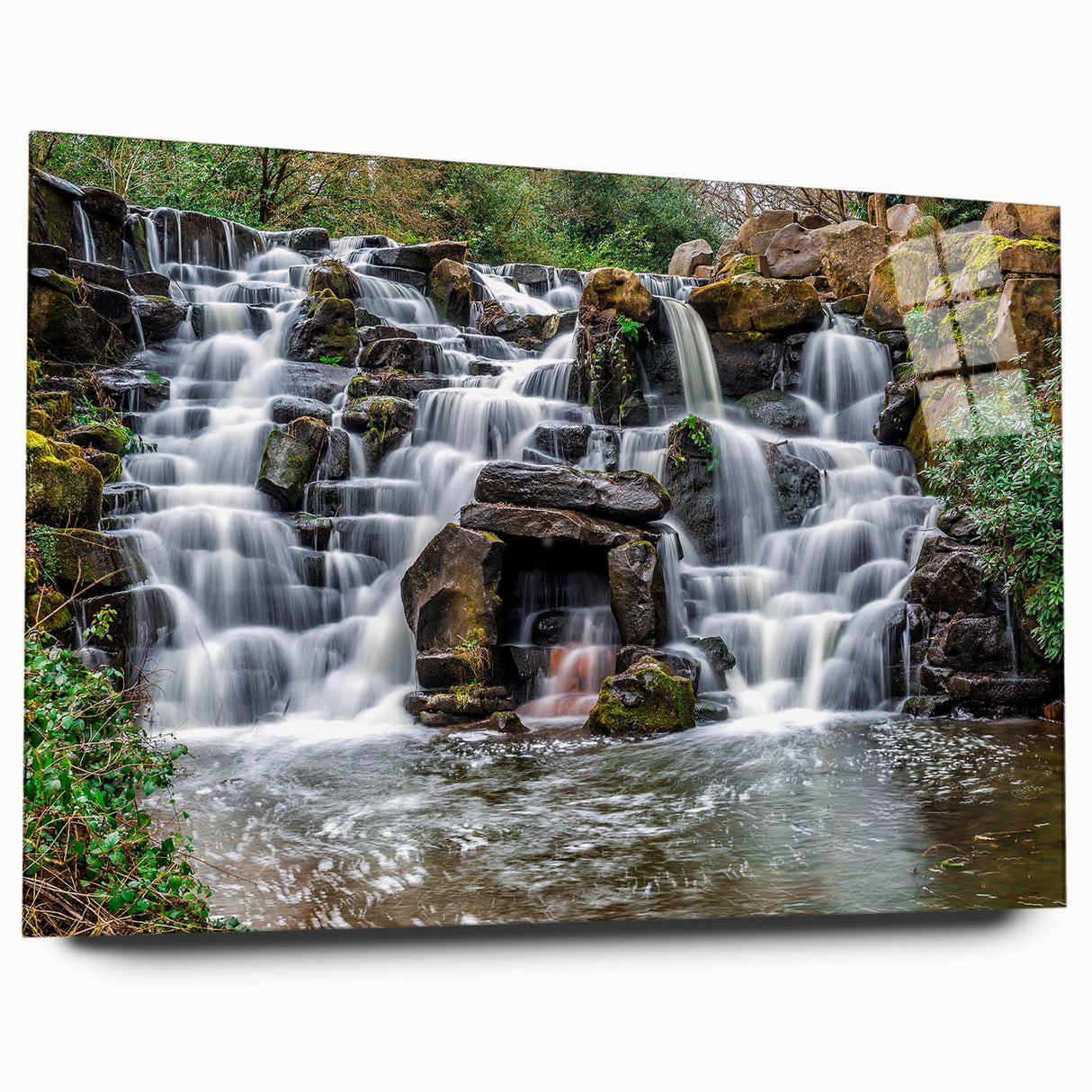 Large abstract wall art depicting Virginia scenery in muted earth tones on acrylic glass.