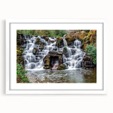 Abstract art print of Virginia scenery in muted green and blue tones, framed with a white mat.