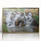 Mid-century modernist style large art print of a Virginia landscape in gold and green hues, framed acrylic.