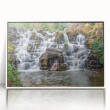 Art deco style poster of Virginia scenery in muted blues and greens, framed acrylic, ideal for modern nursery wall art.