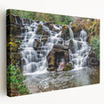 Side view of a stretched canvas depicting a serene Virginia landscape in soft green and blue tones.