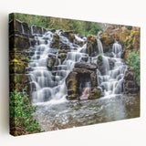 Side view of a stretched canvas depicting a serene Virginia landscape in soft green and blue tones.