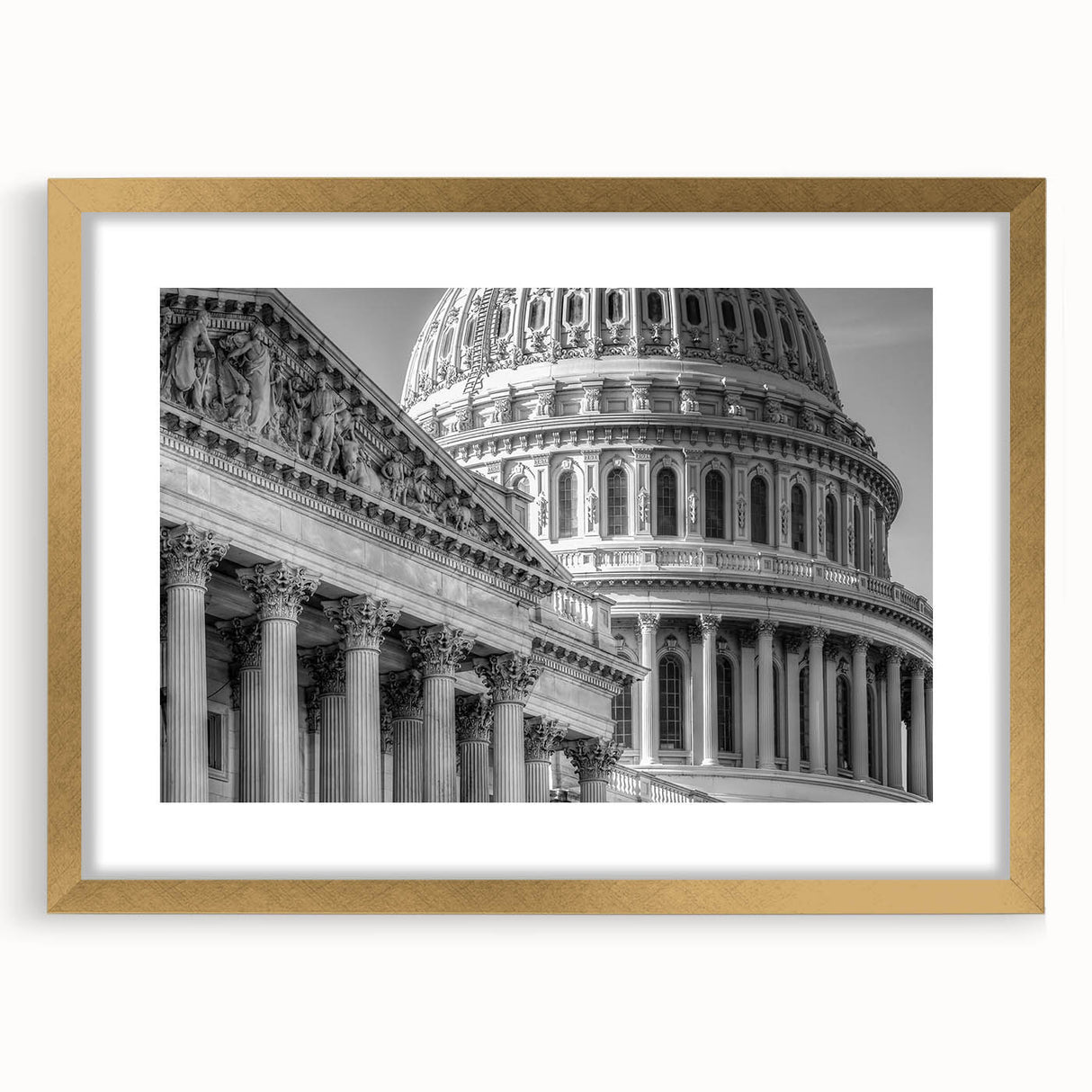 Extra large wall art of the Washington DC Capitol in textured abstract style, framed in gold, suitable for living room decor.