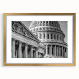 Extra large wall art of the Washington DC Capitol in textured abstract style, framed in gold, suitable for living room decor.