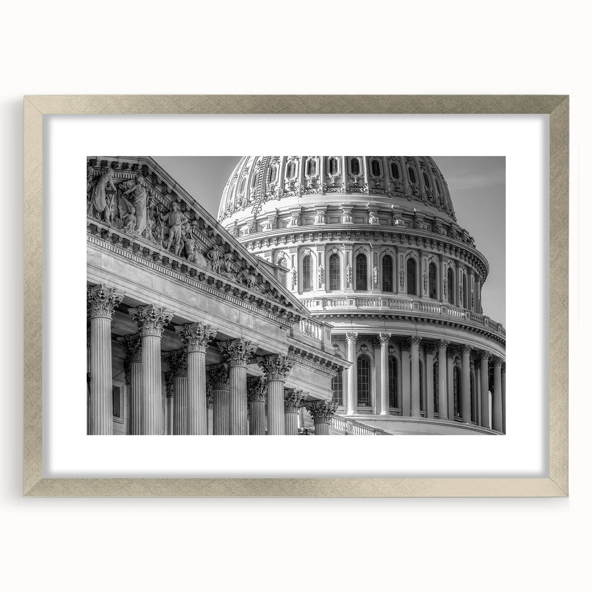 Textured art print of Washington DC Capitol in muted gray tones on a framed silver mat, suitable for bedroom art.