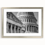 Textured art print of Washington DC Capitol in muted gray tones on a framed silver mat, suitable for bedroom art.