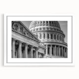 Abstract art print of the Washington DC Capitol in muted gray tones on a framed white mat, suitable for dining room decor.