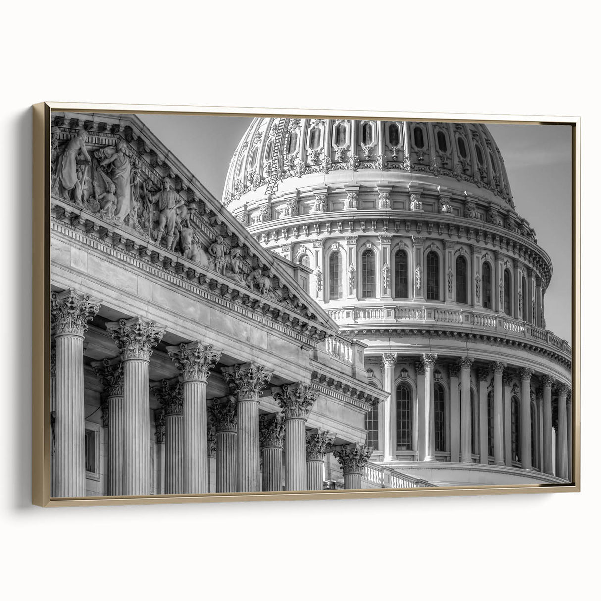 Framed canvas wall art featuring a vintage-style landscape painting of the Washington D.C.