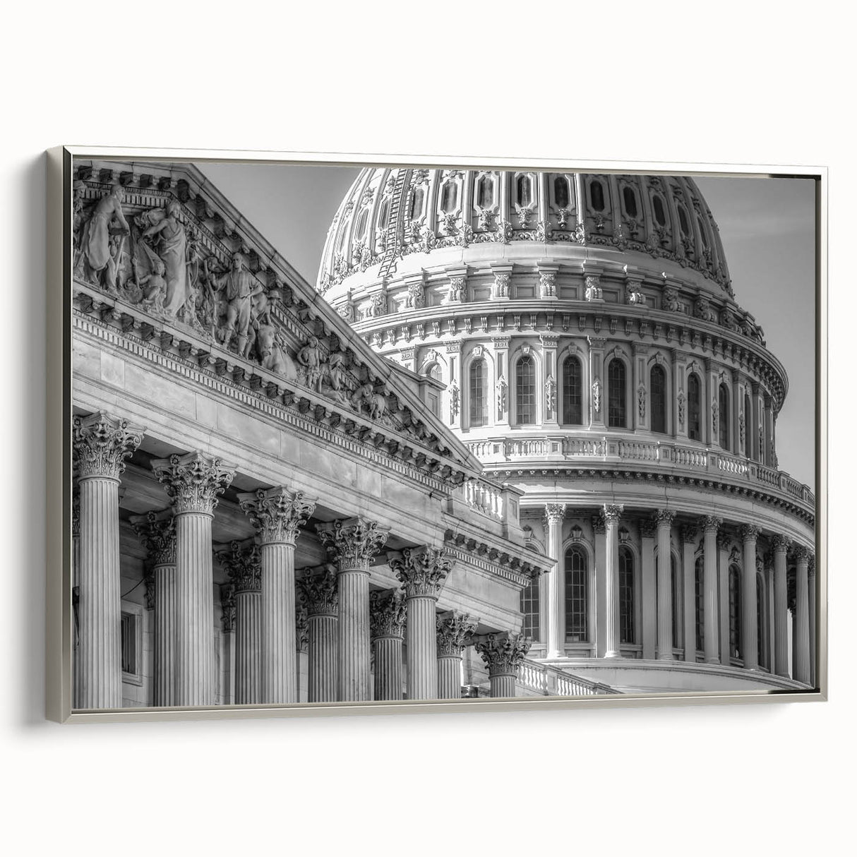 Framed canvas landscape art painting of the Washington D.C. Capitol in muted gray and silver tones, ideal for office decor.