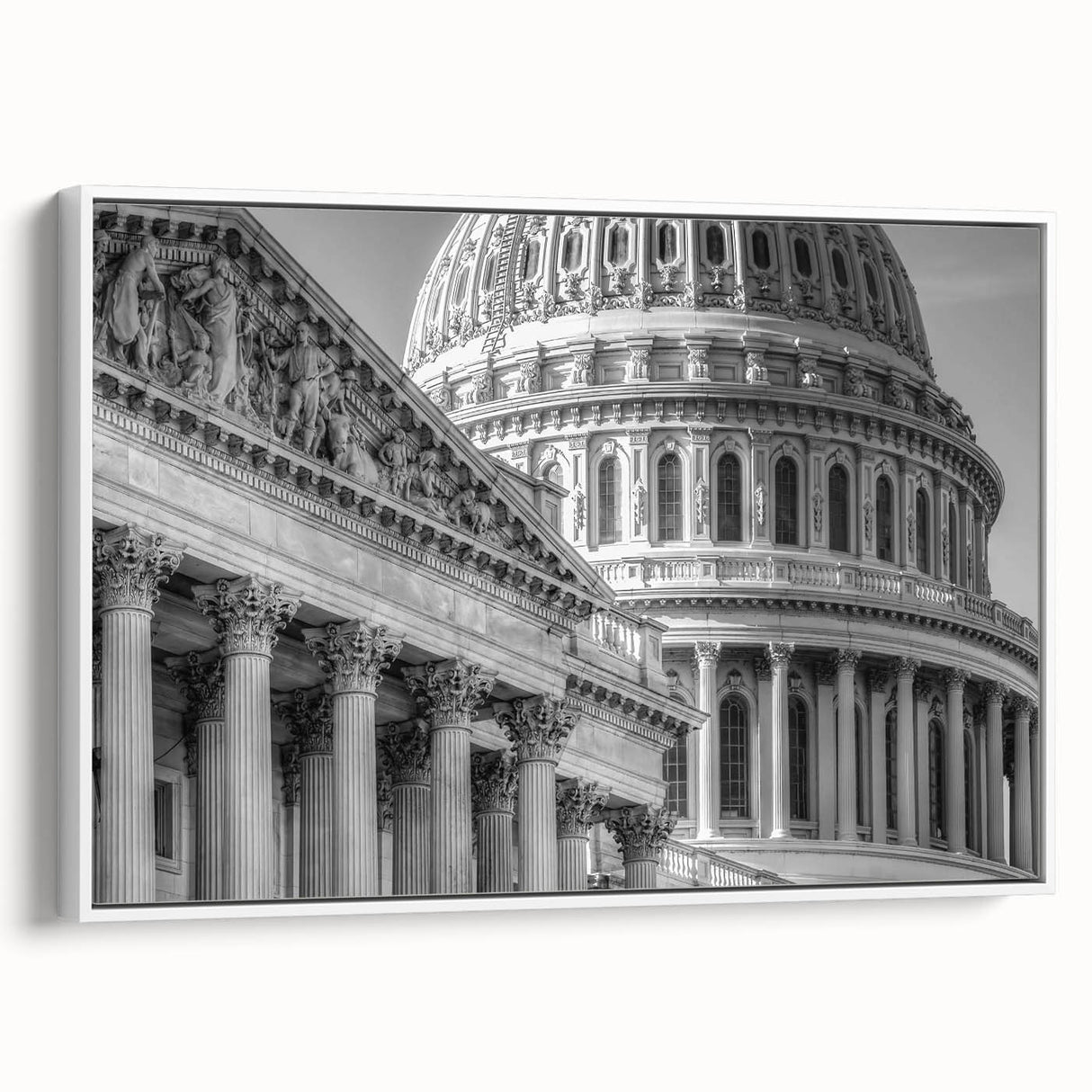 Vintage poster art of Washington DC Capitol in colorful tones on framed canvas, ideal for living room decor.