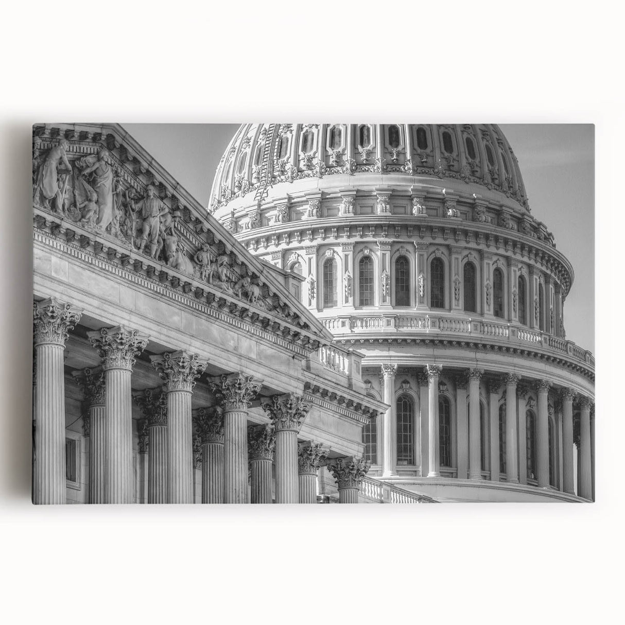 Black and white stretched canvas of the Washington DC Capitol, ideal for kitchen wall art.
