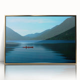 Large art print of Olympic National Park in mid-century modernist style, featuring muted earth tones on framed acrylic.