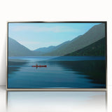 Mid-century modernist art depicting Olympic National Park with muted earth tones on a silver-framed acrylic print.