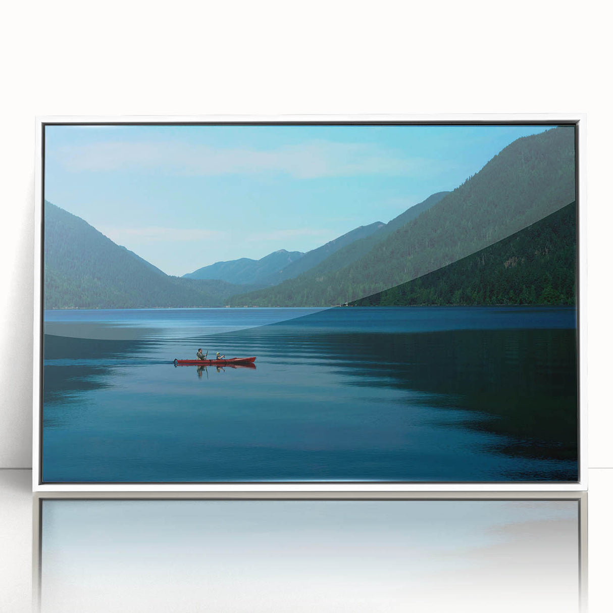 Acrylic print of Olympic National Park with lush greenery and mountain backdrop in a white frame.