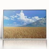 Art deco poster of Palouse, Washington scenery in muted green and brown tones, framed acrylic.