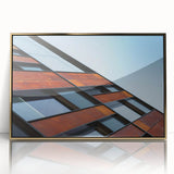 Framed acrylic print of Seattle skyline in muted gold and blue tones, ideal for modern art wall decor.