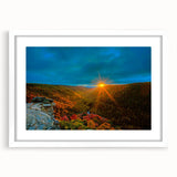 Abstract art print of West Virginia scenery in muted green and blue tones on a white framed mat, ideal for dining room decor.