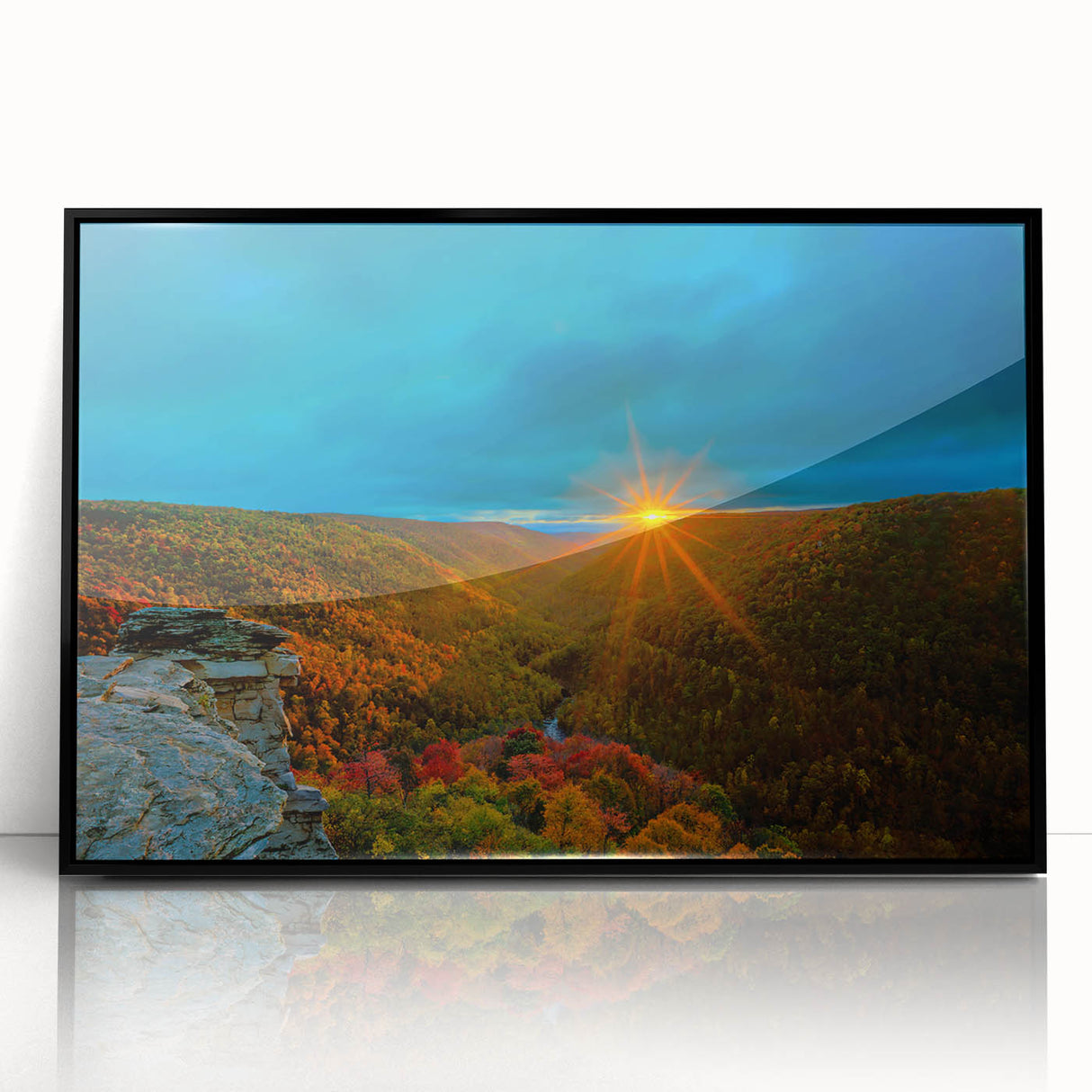 Large abstract wall art depicting a West Virginia landscape in muted earth tones on a framed acrylic print.