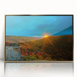 Mid-century modernist art depicting a West Virginia landscape in muted earth tones, framed acrylic.