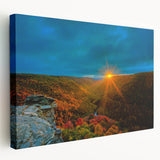 Stretched canvas featuring a serene West Virginia landscape in muted green and blue tones, suitable for kitchen wall art.