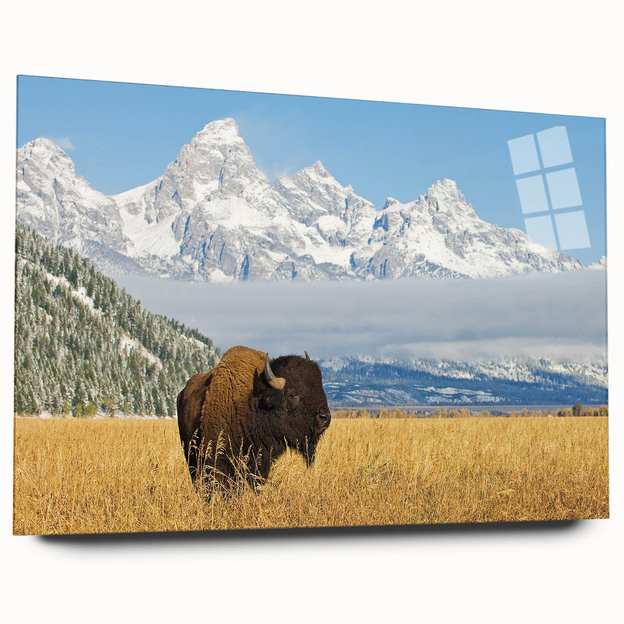 Large abstract wall art of the Grand Tetons in muted earth tones on acrylic glass, ideal for bedroom or dining room decor.