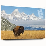 Large abstract wall art of the Grand Tetons in muted earth tones on acrylic glass, ideal for bedroom or dining room decor.