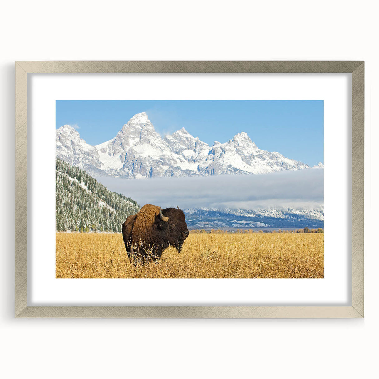 Textured art of Wyoming's Grand Tetons in muted earth tones on a framed canvas, suitable for bedroom decor.