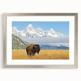 Textured art of Wyoming's Grand Tetons in muted earth tones on a framed canvas, suitable for bedroom decor.