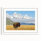 Abstract art print of the Grand Tetons, featuring muted earth tones on a white framed canvas, suitable for dining room decor.