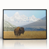 Large abstract wall art depicting the Grand Tetons, in muted earth tones on framed acrylic, suitable for modern home decor.