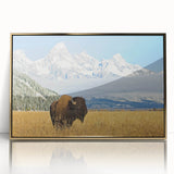 Framed acrylic print of the Grand Tetons with a gold frame, featuring muted earth tones, ideal for modern art wall decor.