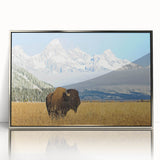 Mid-century modernist art of Wyoming's Grand Tetons in muted earth tones on a silver-framed acrylic print.
